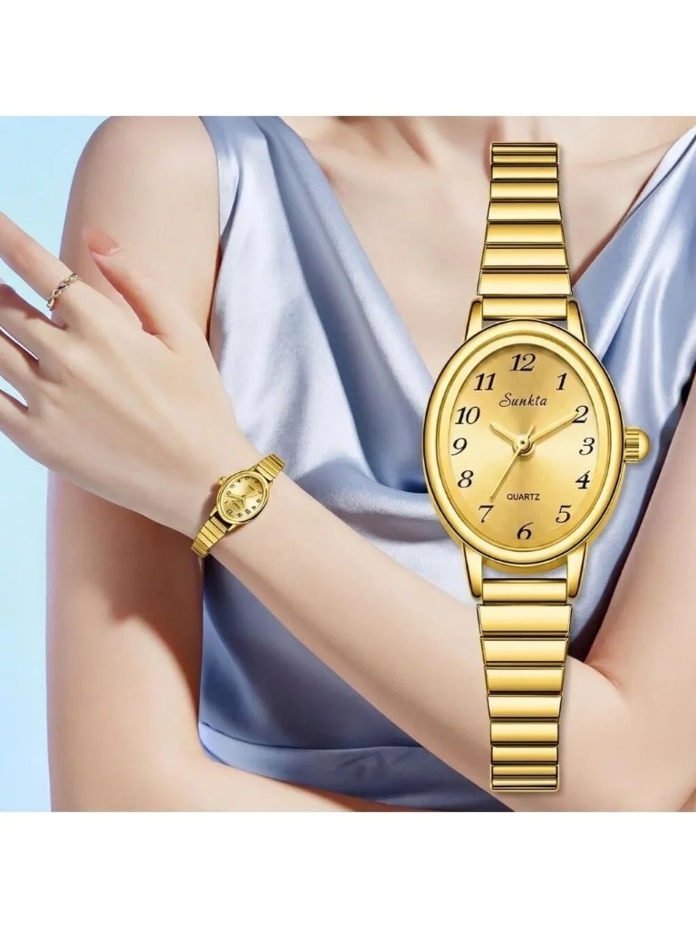 Women's All Gold Easy Read Oval Dial Analog Stainless Steel Bracelet Wrist Watch